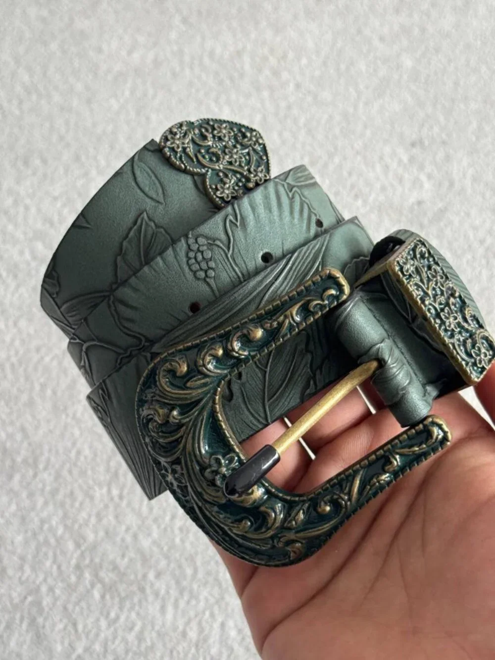 Green Embossed Western Belt with Ornate Buckle